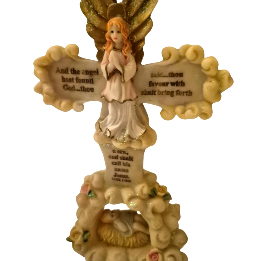 Decorative Winged Angel On A Glittery Ornate Cross Praying Above Baby Jesus  New